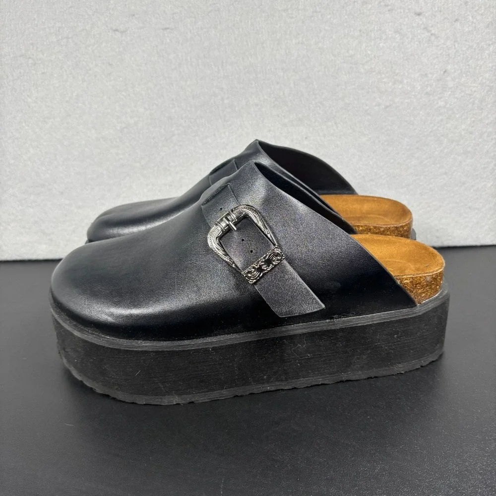 Womens Black Platform Clogs Size 10 Buckle Mules Goth Grunge Chunky Slip On Shoe